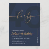 Modern Blue Navy & Gold 40th Birthday Invitation 招待状 (正面)