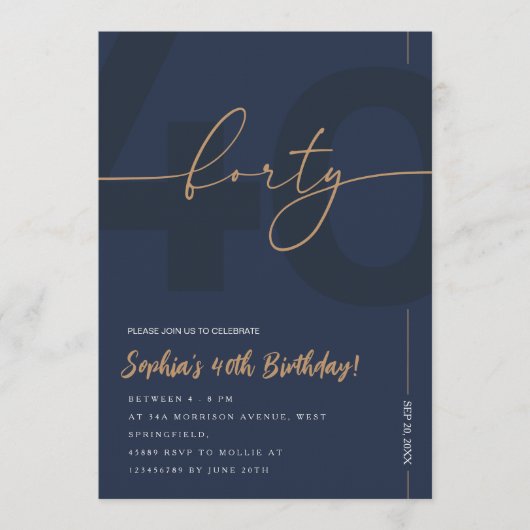 Modern Blue Navy & Gold 40th Birthday Invitation 招待状 (正面)