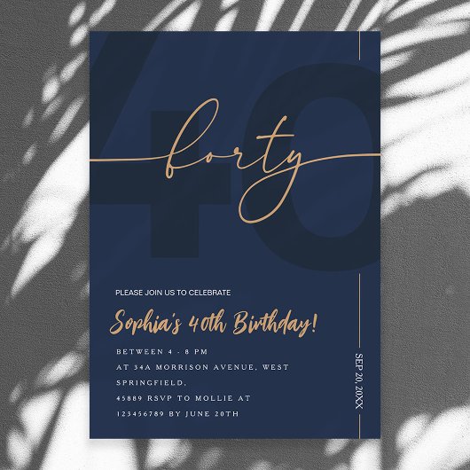Modern Blue Navy & Gold 40th Birthday Invitation 招待状