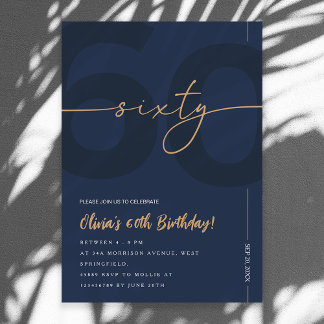 Modern Blue Navy & Gold 60th Birthday Invitation 招待状