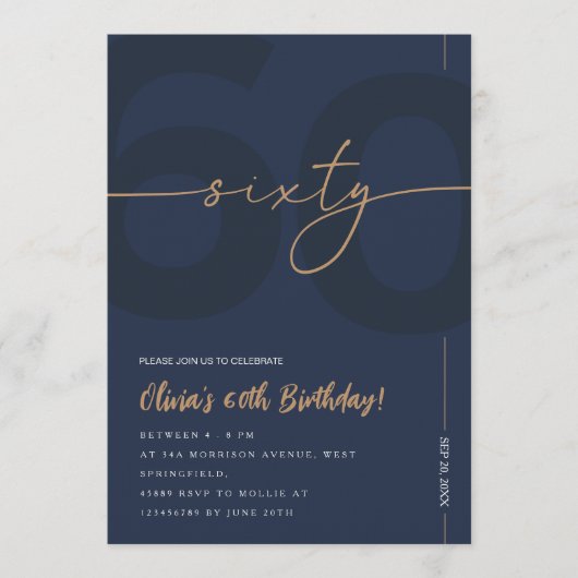 Modern Blue Navy & Gold 60th Birthday Invitation 招待状 (正面)
