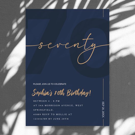 Modern Blue Navy & Gold 70th Birthday Invitation 招待状