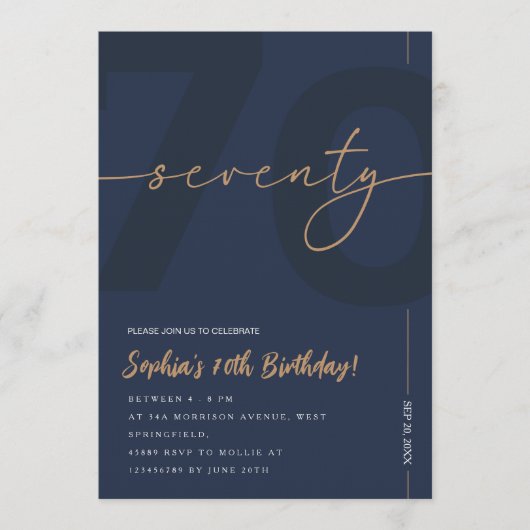 Modern Blue Navy & Gold 70th Birthday Invitation 招待状 (正面)