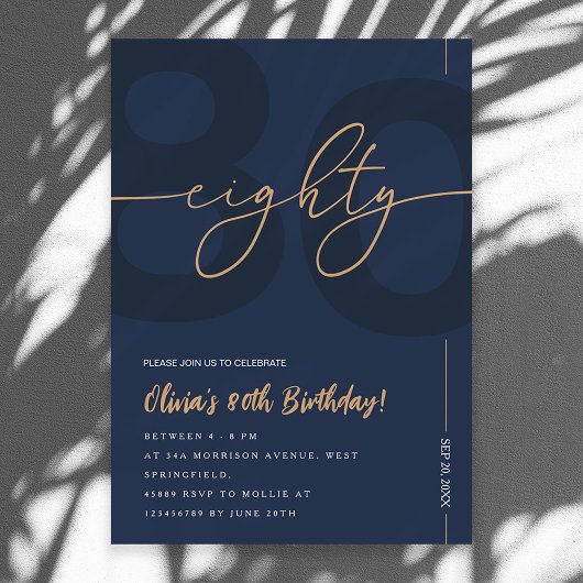 Modern Blue Navy & Gold 80th Birthday Invitation 招待状