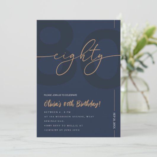 Modern Blue Navy & Gold 80th Birthday Invitation 招待状 (スタンド正面)