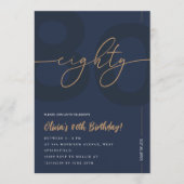 Modern Blue Navy & Gold 80th Birthday Invitation 招待状 (正面)