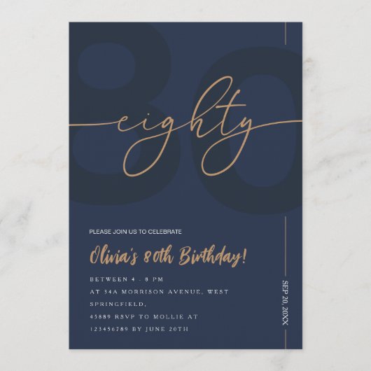 Modern Blue Navy & Gold 80th Birthday Invitation 招待状 (正面)