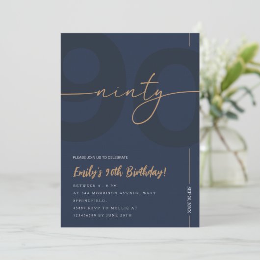 Modern Blue Navy & Gold 90th Birthday Invitation 招待状 (スタンド正面)