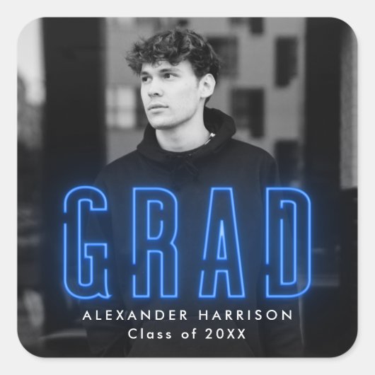Modern Blue Neon Graduation スクエアシール (正面)