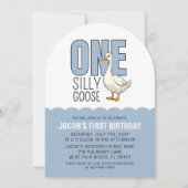 Modern Blue One Silly Goose 1st Birthday Party 招待状 (正面)