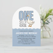 Modern Blue One Silly Goose 1st Birthday Party 招待状 (スタンド正面)