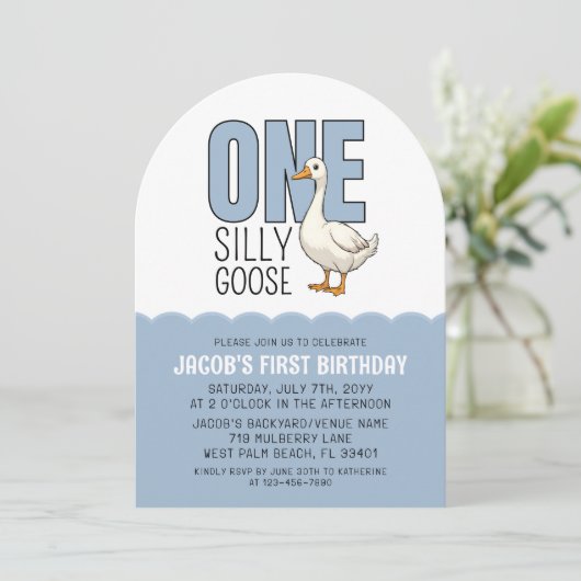 Modern Blue One Silly Goose 1st Birthday Party 招待状 (スタンド正面)