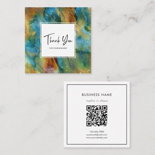 Modern Blue Orange Watercolor Abstract Thank You スクエア名刺 (正面/裏面)