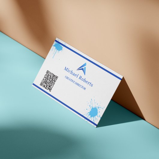 Modern Blue Paint Splash Creative with QR Code 名刺