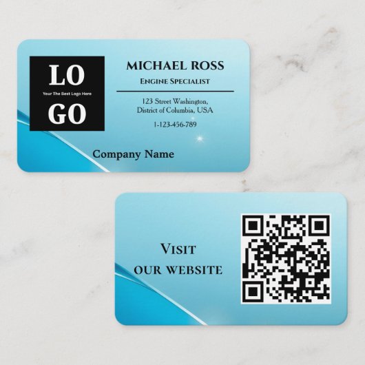 Modern Blue Pearlescent Custom Logo and QR Code  名刺 (正面/裏面)