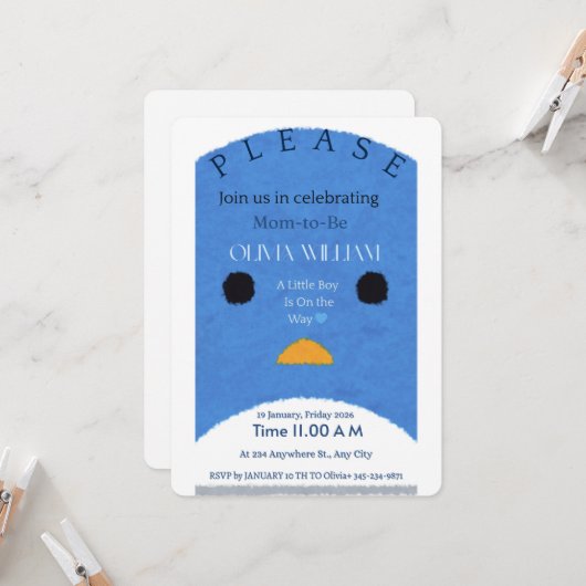 Modern Blue Penguin Baby Shower Invitation | Whims 招待状 (正面/裏面インサイチュ)