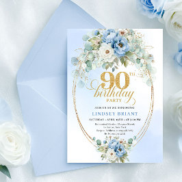 Modern Blue Peonies Greenery 90th Birthday Invite 招待状
