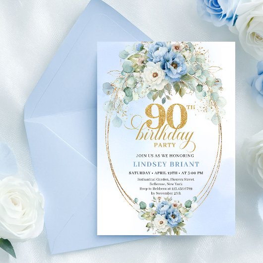 Modern Blue Peonies Greenery 90th Birthday Invite 招待状
