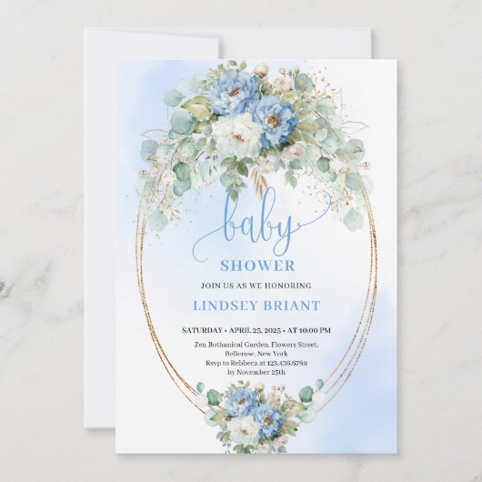 Modern Blue Peony Gold Frame Baby Shower Invite 招待状 (正面)