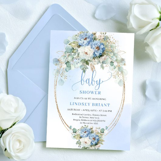 Modern Blue Peony Gold Frame Baby Shower Invite 招待状