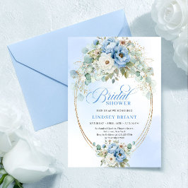 Modern Blue Peony Gold Frame Bridal Shower Invite 招待状