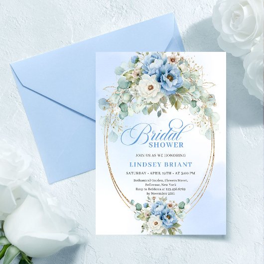 Modern Blue Peony Gold Frame Bridal Shower Invite 招待状