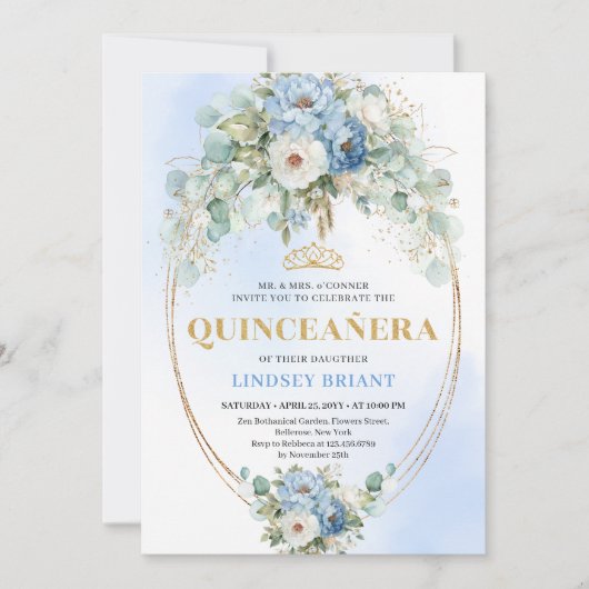 Modern Blue Peony Gold Frame Quinceañera Invite 招待状 (正面)
