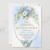 Modern Blue Peony Quinceañera 15th Birthday Invite 招待状 (正面)