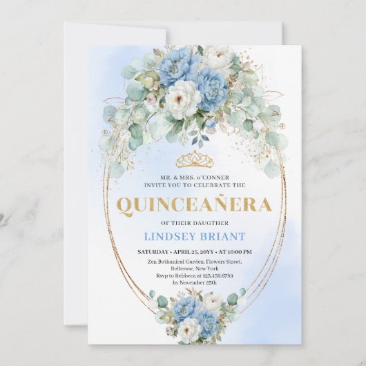Modern Blue Peony Quinceañera 15th Birthday Invite 招待状 (正面)