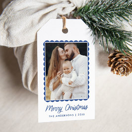 Modern Blue Scalloped Frame Holiday Photo ギフトタグ