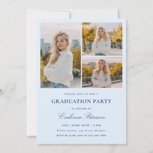 Modern Blue Script Photo Graduation Invitation 招待状 (裏面)