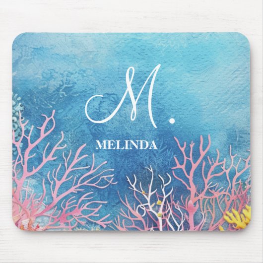  Modern Blue Sea Motif Monogram マウスパッド (正面)