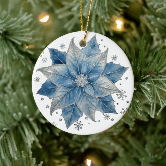 Modern Blue & Silver Poinsettia Christmas セラミックオーナメント (ツリー)