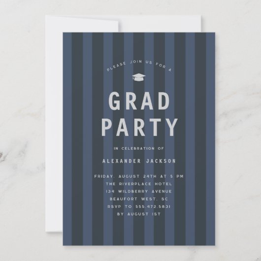 Modern Blue Sporty Stripes Graduation Party 招待状 (正面)