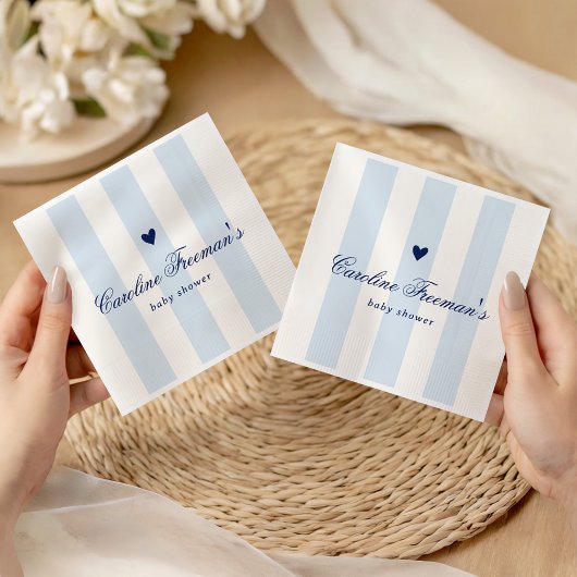 Modern Blue Stripe Heart Valentine Baby Shower スタンダードカクテルナプキン