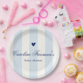 Modern Blue Stripe Heart Valentine Baby Shower ペーパープレート (パーティー)