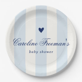 Modern Blue Stripe Heart Valentine Baby Shower ペーパープレート