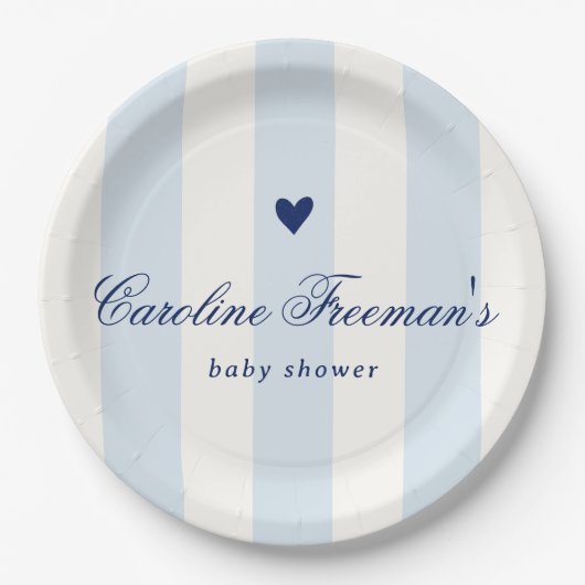 Modern Blue Stripe Heart Valentine Baby Shower ペーパープレート (正面)