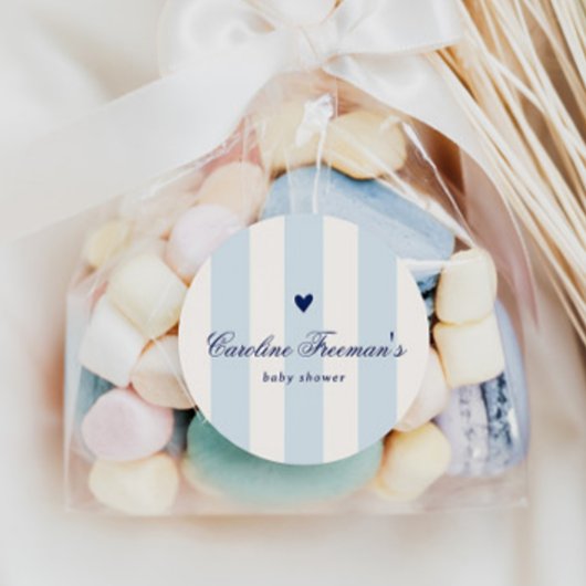 Modern Blue Stripe Heart Valentine Baby Shower ラウンドシール