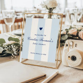 Modern Blue Stripe Heart Valentine Table Welcome ポスター