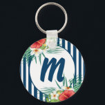 Modern Blue Stripes and Flowers Monogram キーホルダー<br><div class="desc">Modern blue striped keychain with floral detail and your initial.</div>