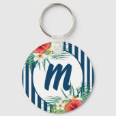 Modern Blue Stripes and Flowers Monogram キーホルダー (正面)