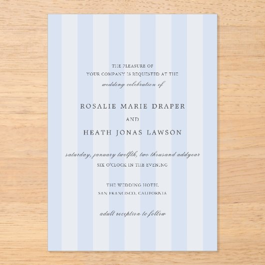 Modern Blue Stripes Elegant Wedding アクリル招待状 (正面)