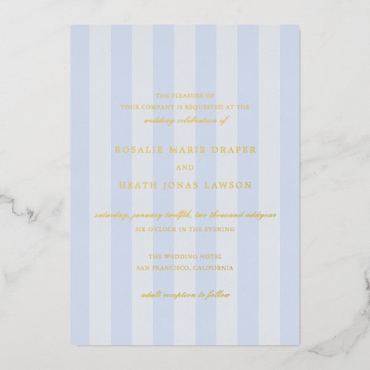 Modern Blue Stripes Elegant Wedding 箔招待状 (正面)