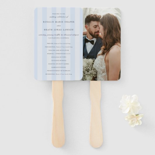 Modern Blue Stripes Elegant Wedding Program ハンドファン (正面&裏面)
