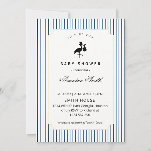 Modern Blue Stripes Stork Silhouette Baby Shower 招待状 (正面)