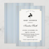 Modern Blue Stripes Stork Silhouette Baby Shower 招待状 (正面/裏面)