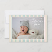 Modern Blue Stripes Two Photo Baby Shower Message サンキューカード (正面)
