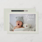 Modern Blue Stripes Two Photo Baby Shower Message サンキューカード (正面/裏面)