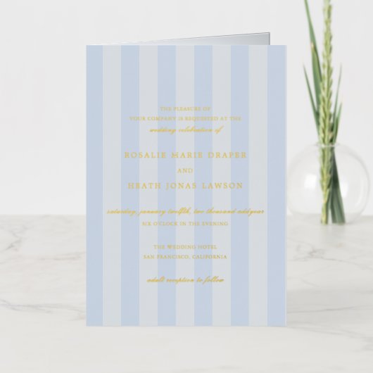 Modern Blue Stripes Wedding Foil Invitation 箔グリーティングカード (正面)